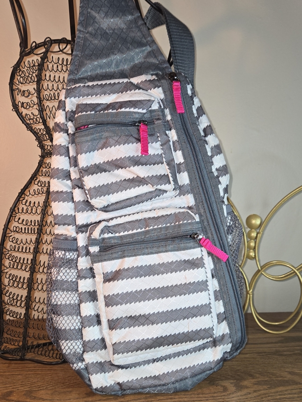 Gray and White Stripe Sling Bag with Pink Accents - Women